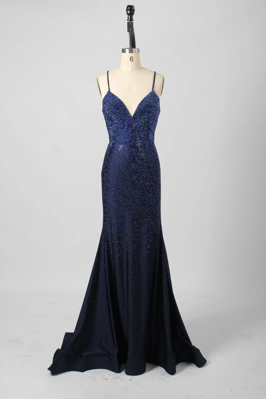 Poppy Navy Rhinestone Long Prom Dress sold by Cargo