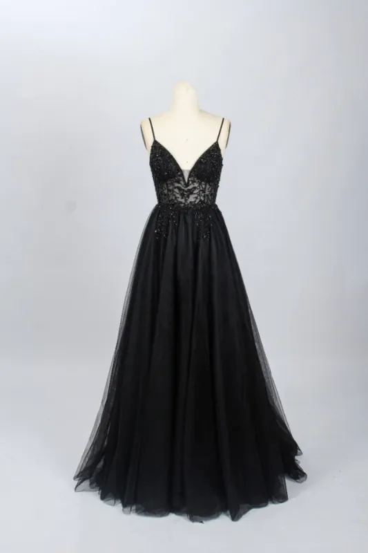 Black V-Neck Beaded Prom Dress with Sexy Side Split 32564b sold by Cargo
