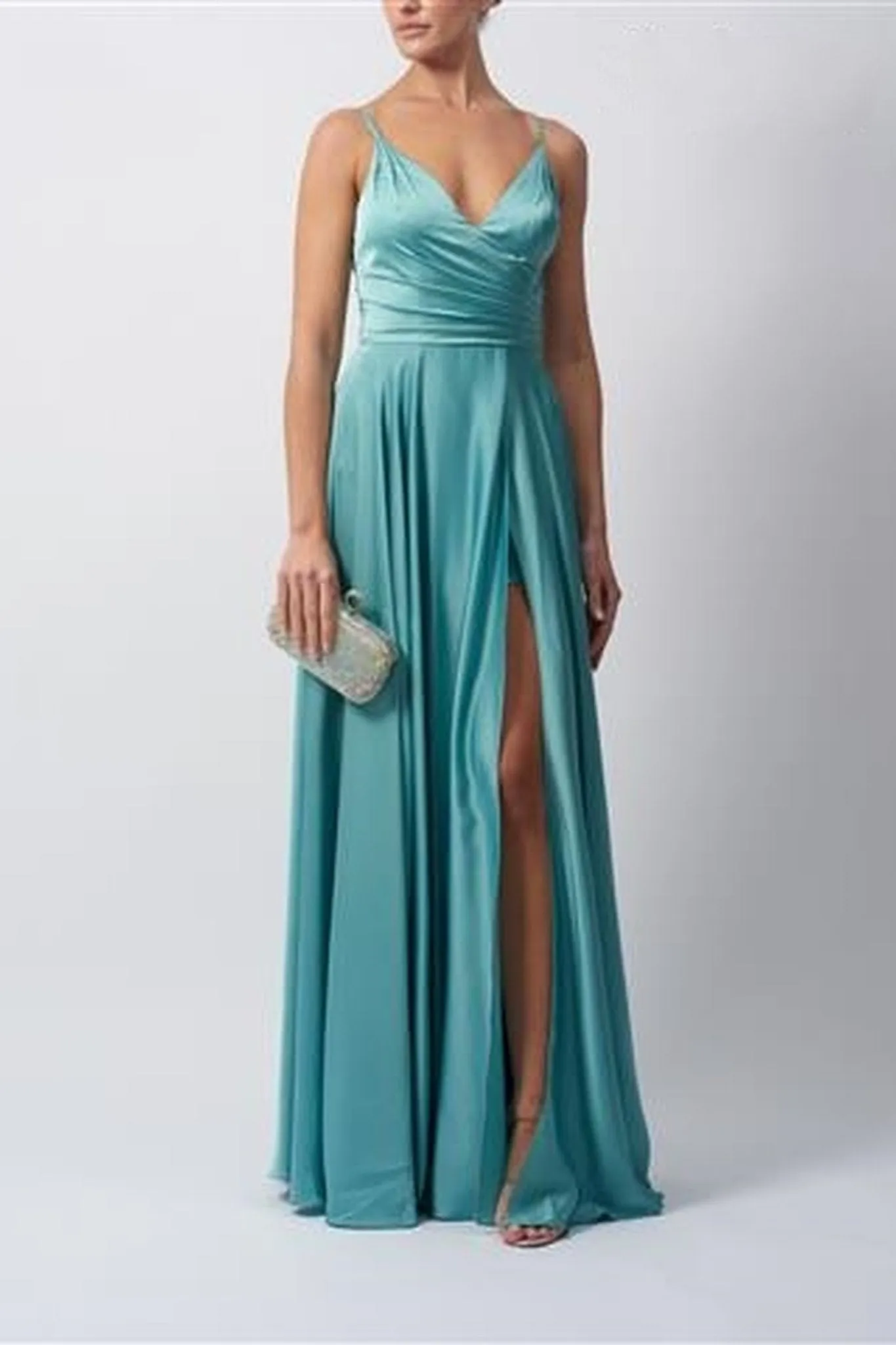 MISTY GREEN Satin Pleat Prom Dress MC220123 sold by Cargo