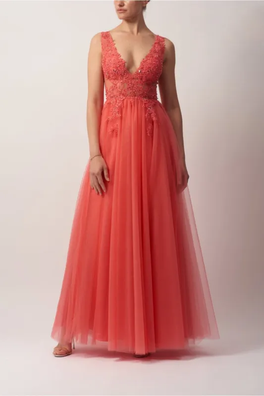 Coral Embroidered Lace Prom dress MC186051 sold by Cargo