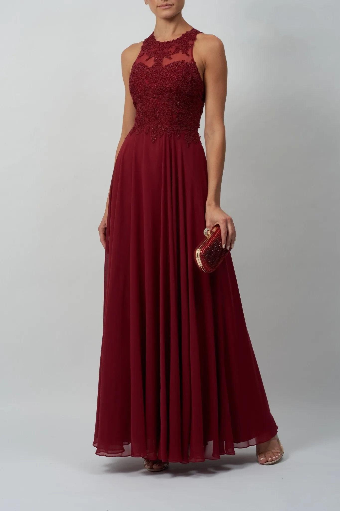 Wine lace embellished open back dress MC181437 sold by Cargo
