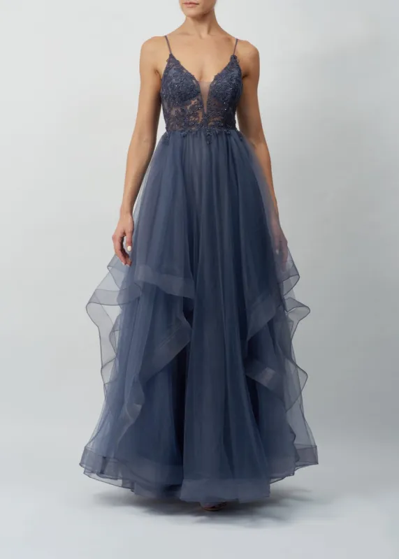Charcoal Beaded Tier Tulle Ballgown MC110113 sold by Cargo