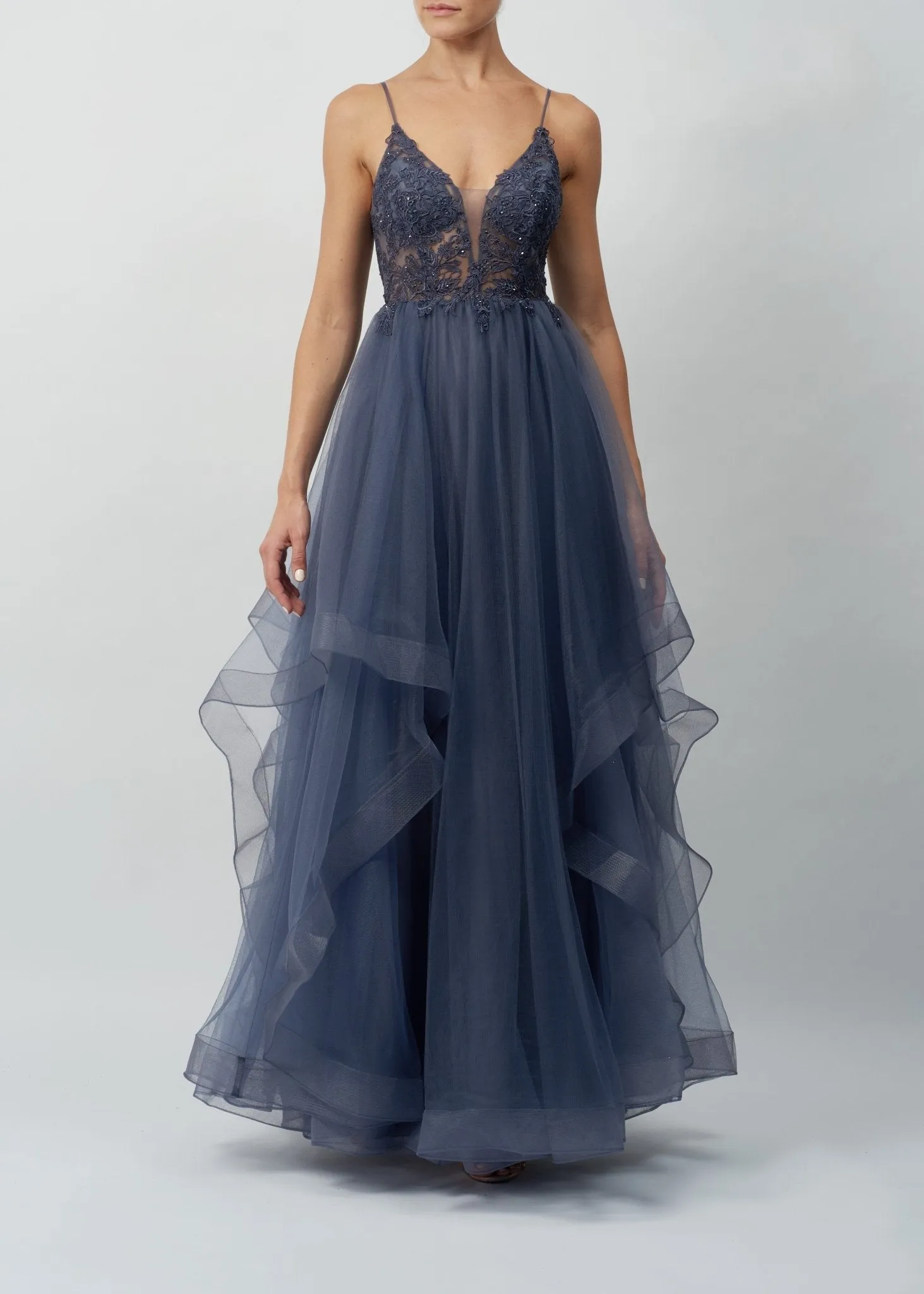 Charcoal Beaded Tier Tulle Ballgown MC110113 sold by Cargo