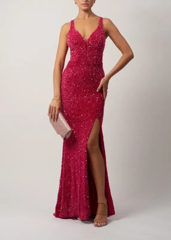 Mascara London MC18942 Fuchsia Sequinned Fitted Gown sold by Cargo