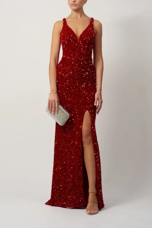 Red MC18942 Fully Sequined Lace Up Back dress sold by Cargo
