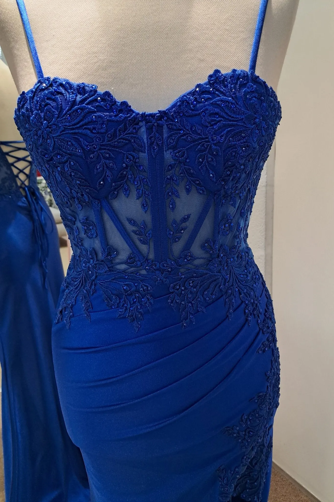 Elaine Royal Blue Satin Lace Slit Prom Dress sold by Cargo product image thumbnail 3