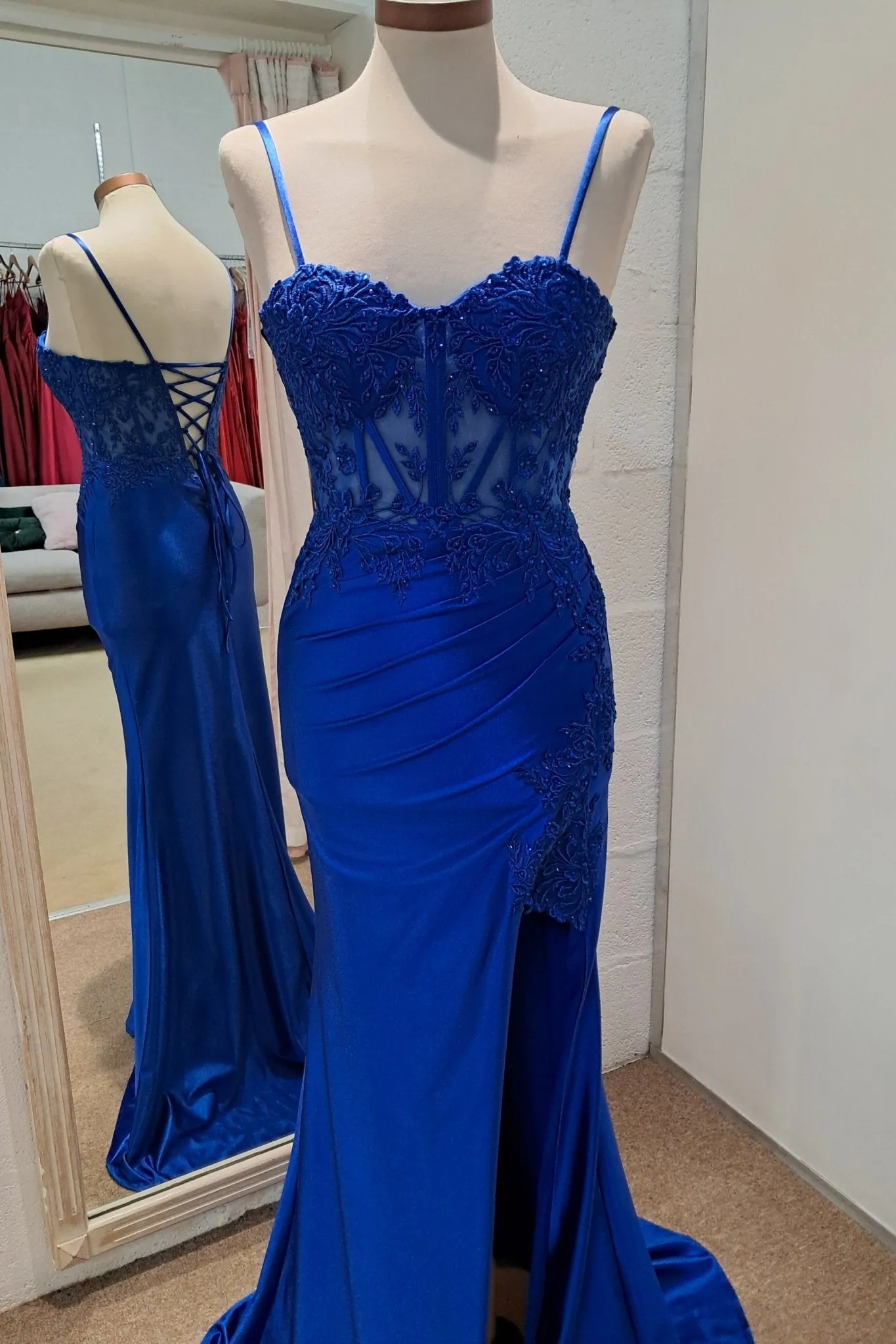 Elaine Royal Blue Satin Lace Slit Prom Dress sold by Cargo