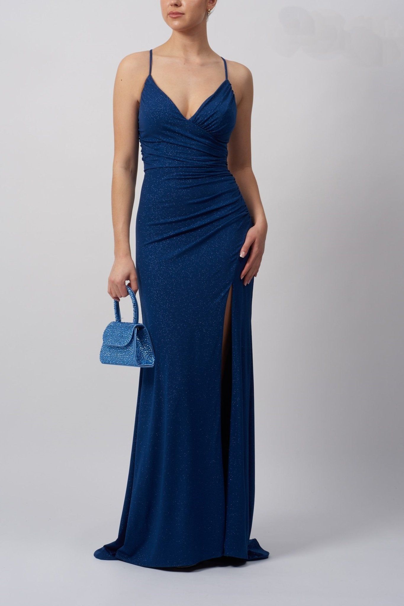 Airforce Blue lace up back glitter jersey dress MC22323 sold by Cargo