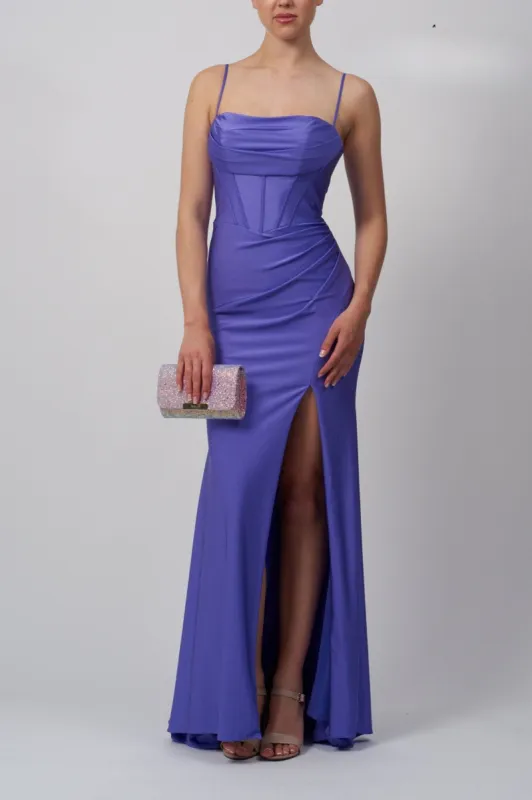 Mascara Purple Satin Evening Dress with High Slit MC18313 sold by Cargo