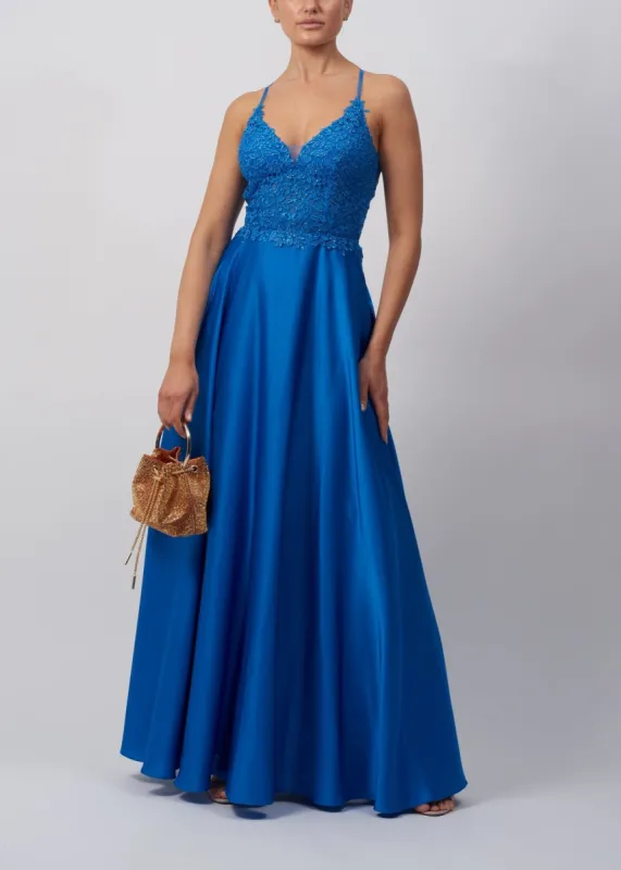 Steele Blue Open Back Satin Prom Dress MC122027 sold by Cargo