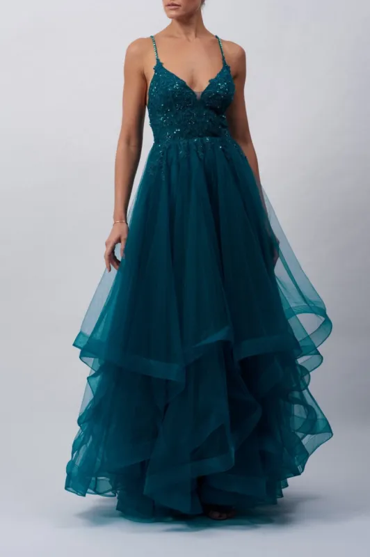 Petrol Tiered Tulle Sparkle Strap Prom Dress MC110117 sold by Cargo