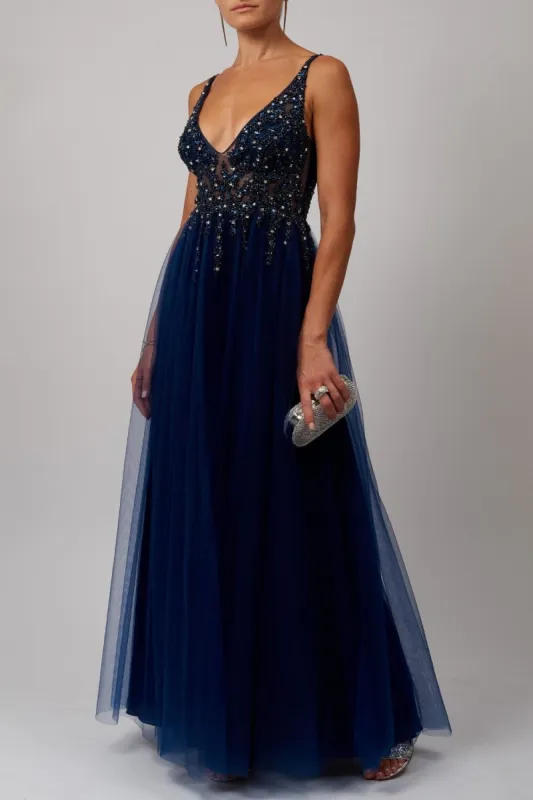 Navy Blue Ray Beads Tulle net dress MC186017 sold by Cargo