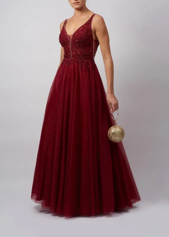 Wine MC11921 embellished tulle & glitter dress sold by Cargo