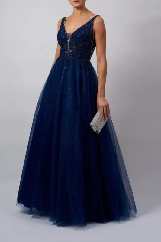 Navy MC11921 embellished tulle & glitter dress sold by Cargo