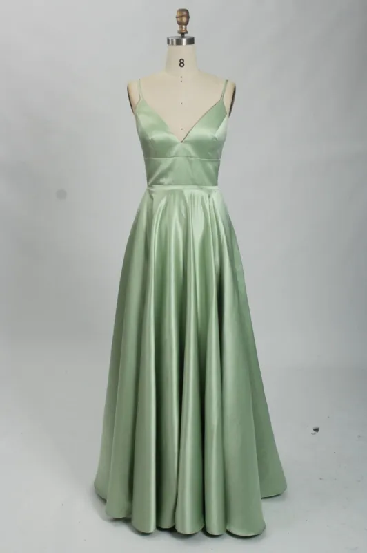 Mint full skirted long satin prom dress sold by Cargo