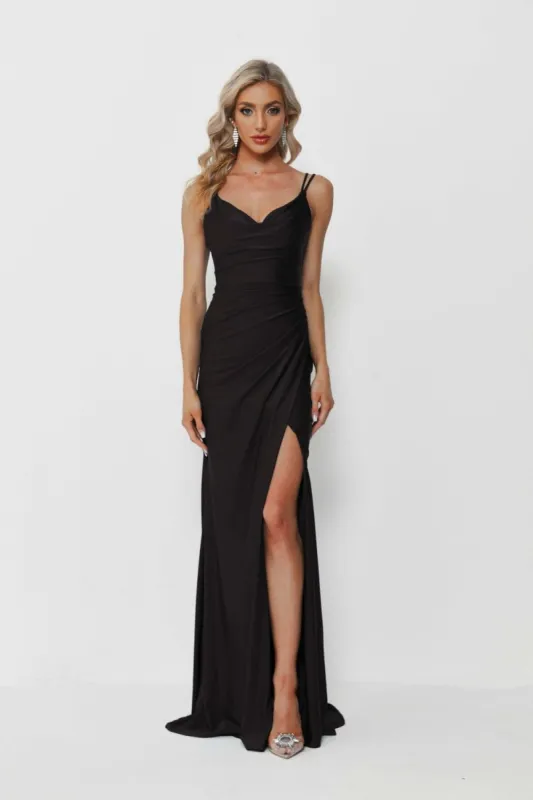 Black 32663 High leg split backless gown sold by Cargo