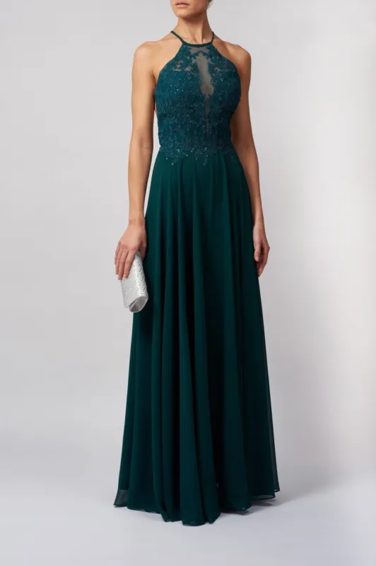 Forest Green MC166147 Lace halter with open back prom dress sold by Cargo