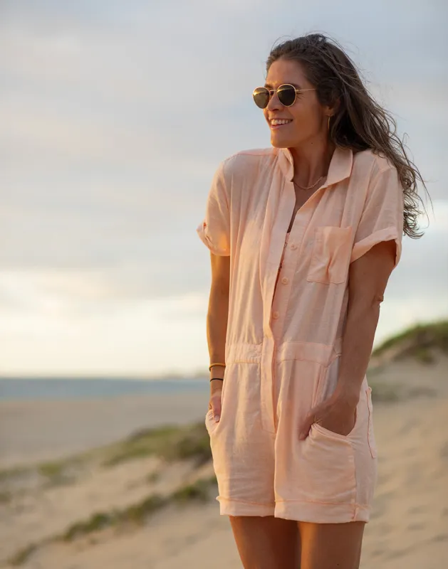 Nyla Linen Romper: Peach Chambray sold by Carve Designs