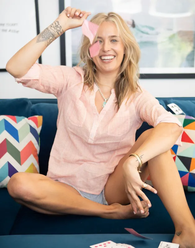 Dylan Gauze Shirt: Coral Mini Stripe - FINAL SALE sold by Carve Designs