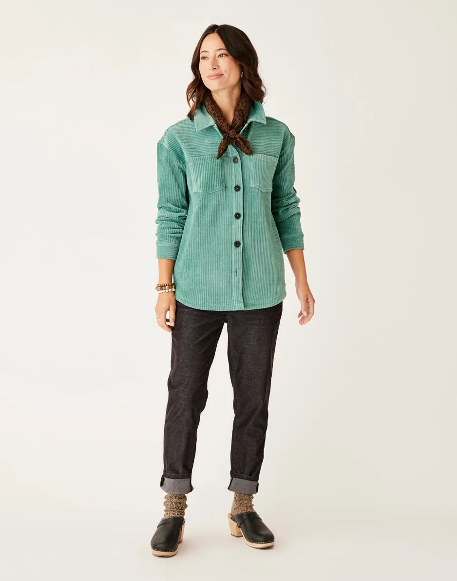 Hudson Stretch Cord Shacket: Forest sold by Carve Designs