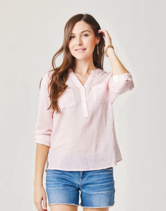 Dylan Gauze Shirt: Grapefruit Milos Stripe sold by Carve Designs