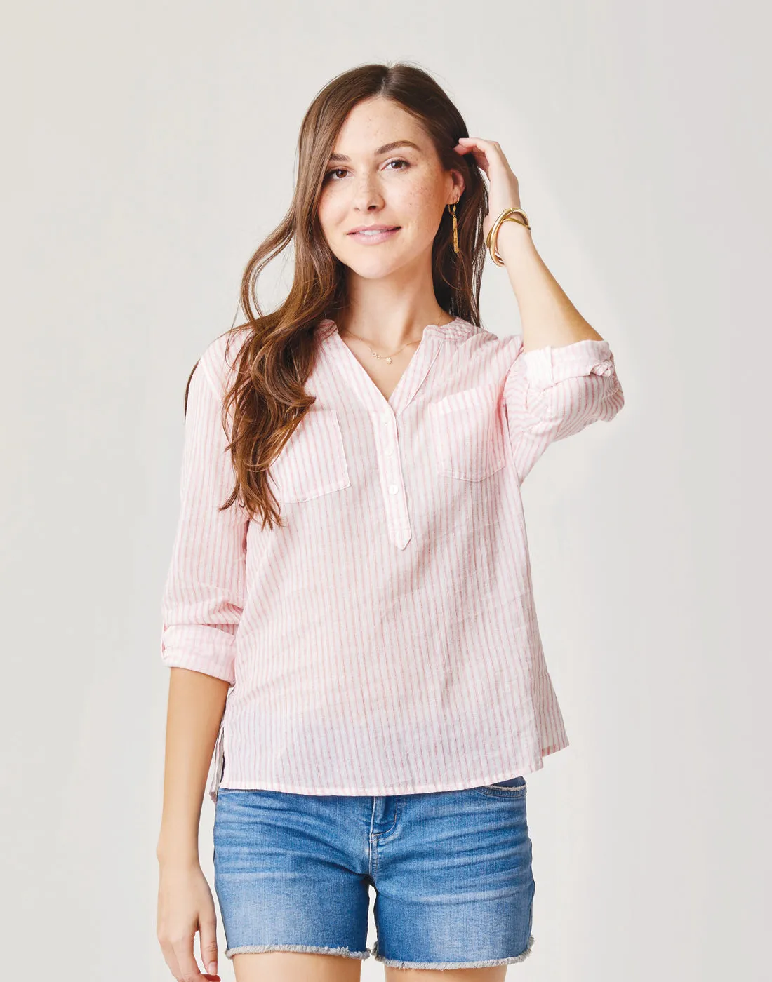 Dylan Gauze Shirt: Grapefruit Milos Stripe sold by Carve Designs