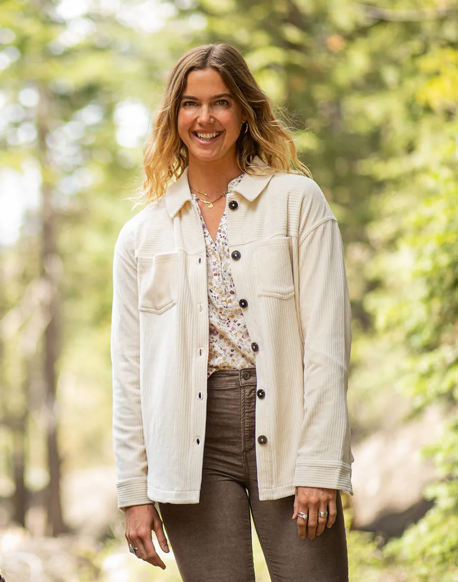 Hudson Stretch Cord Shacket: Birch sold by Carve Designs