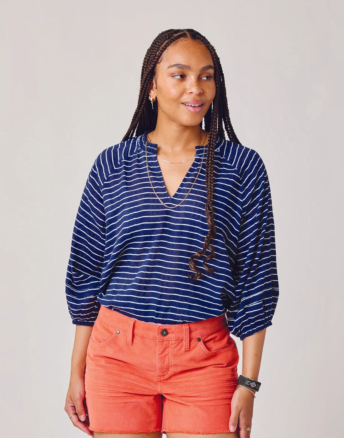 Camryn Top: Navy Harris Stripe sold by Carve Designs