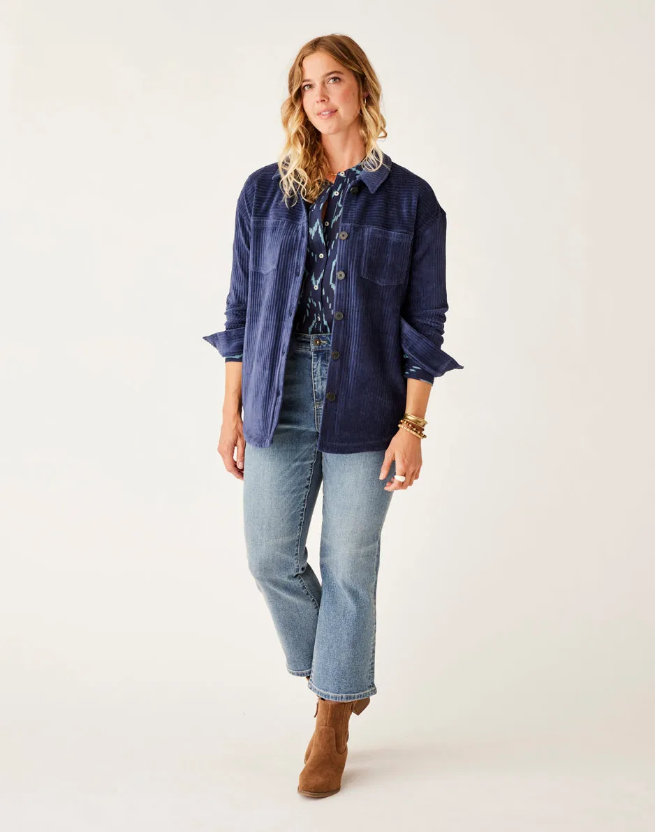 Hudson Stretch Cord Shacket: Navy sold by Carve Designs