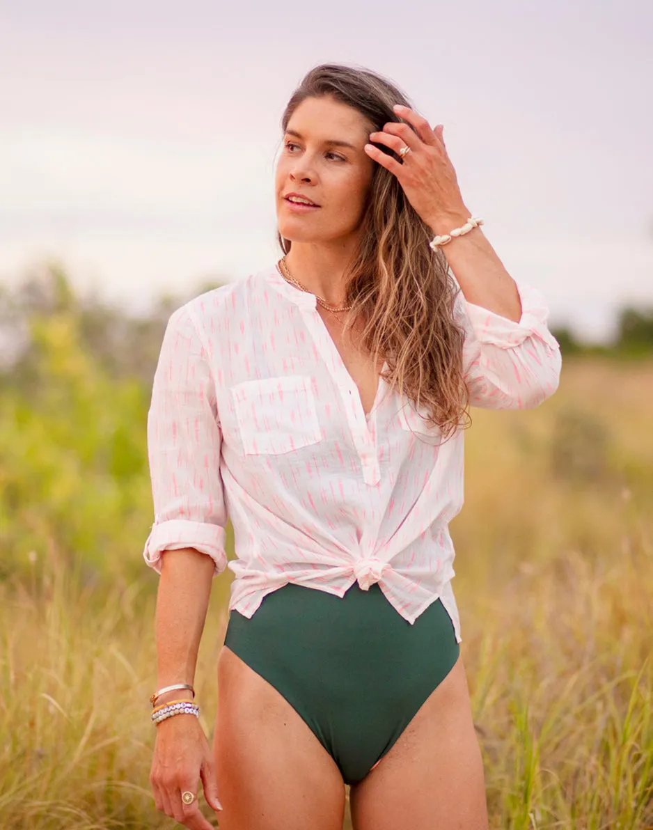 Dylan Gauze Shirt: Electric Coral Ikat sold by Carve Designs