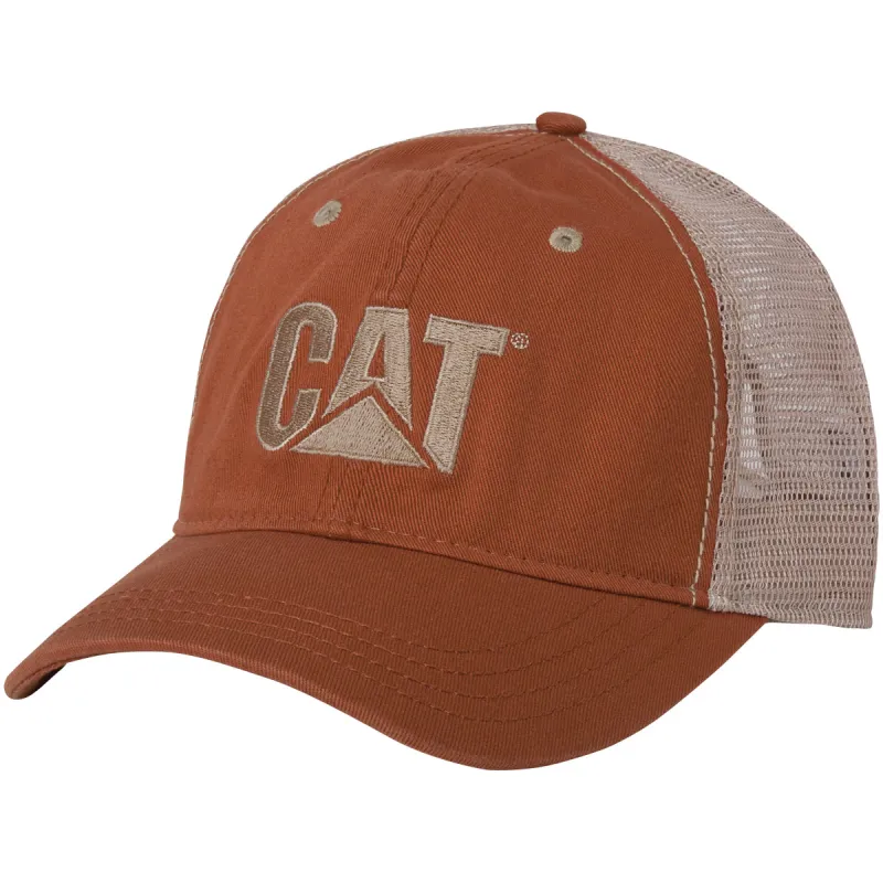 Orange Twill/Tan Mesh-CAT Hat sold by Caterpillar