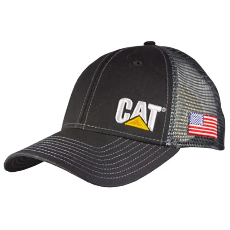 Structured Black Chino/Trucker Mesh Back 2 Tone CAT w/US Flag on Side sold by Caterpillar