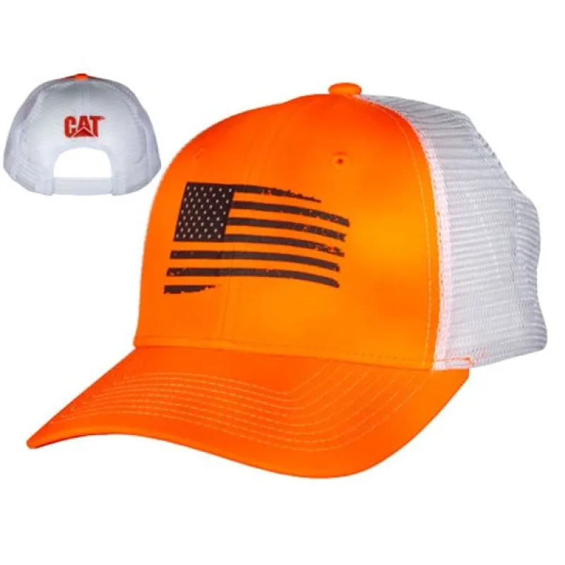 Blaze Patriot Cap Orange Front w/Flag White Mesh made by Caterpillar