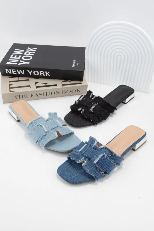 SQUARE-35 RAW EDGE DENIM WOVEN UPPER SANDAL sold by CCOCCI