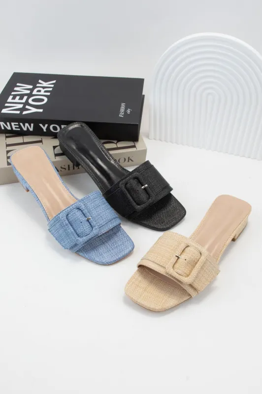 SQUARE-25 RECTANGLE BUCKLE RAFFIA SLIP-ON SANDAL sold by CCOCCI