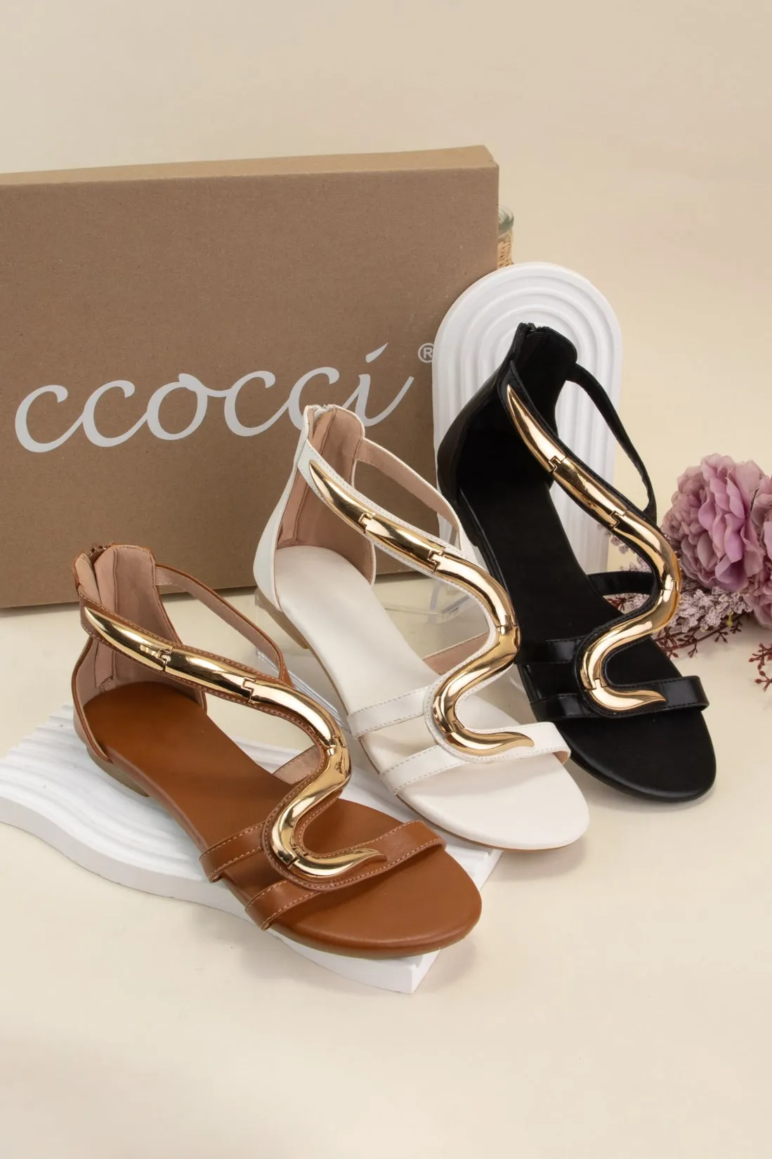 SNAKE GOLDEN METAL DECOR ANKLE STRAP FLAT SANDALS sold by CCOCCI