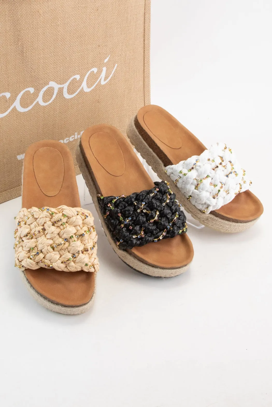 WIRES JEWELED STRING RAFFIA UPPER PLATFORM SANDAL sold by CCOCCI