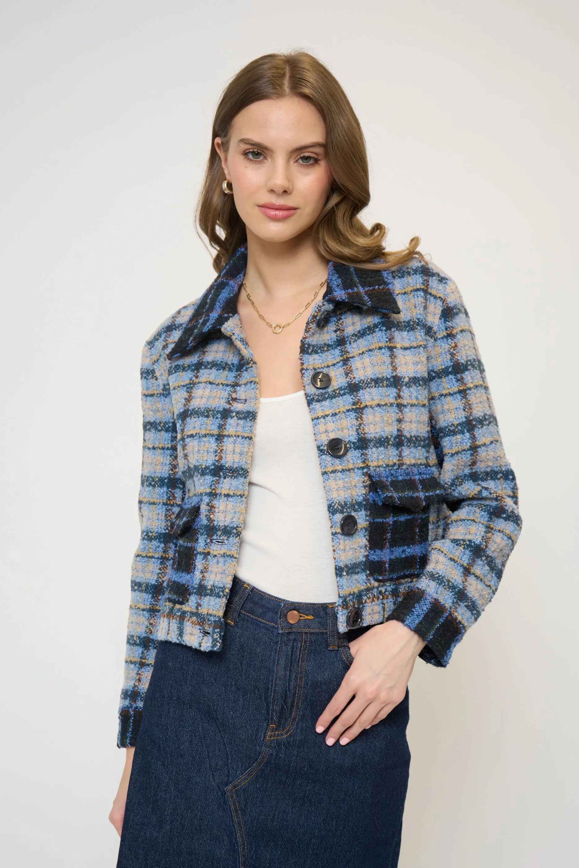 Daphne Cropped Mixed Plaid Patch Pocket Jacket sold by Central Park West