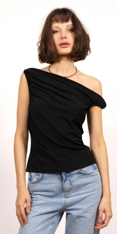 Mila One Shoulder Asymmetrical Drapey Top made by Central Park West