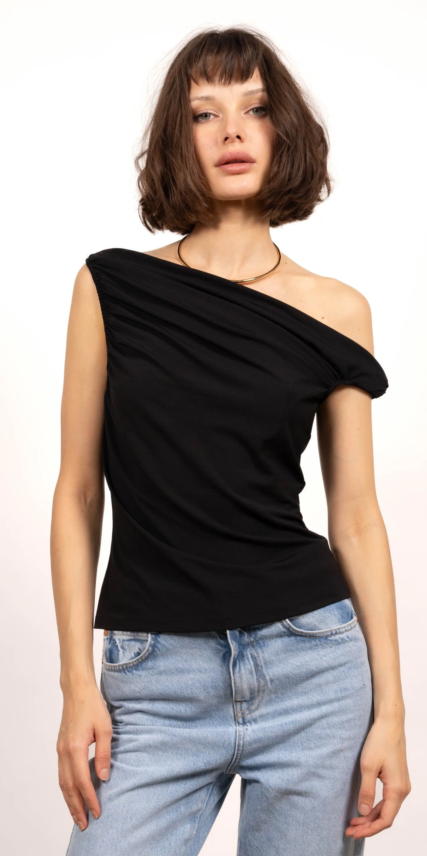 Mila One Shoulder Asymmetrical Drapey Top sold by Central Park West