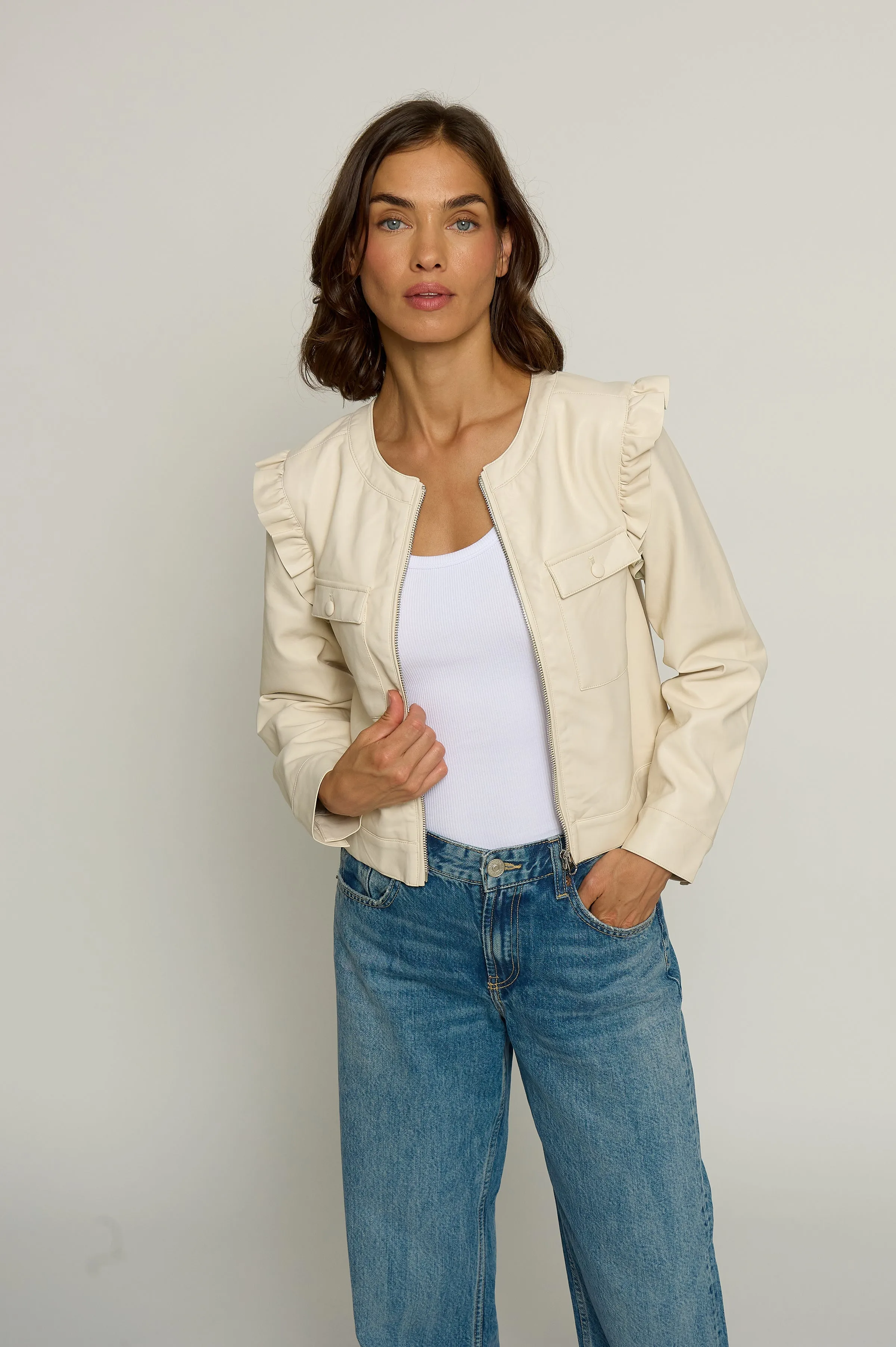 Ruffle Vegan Jacket sold by Central Park West