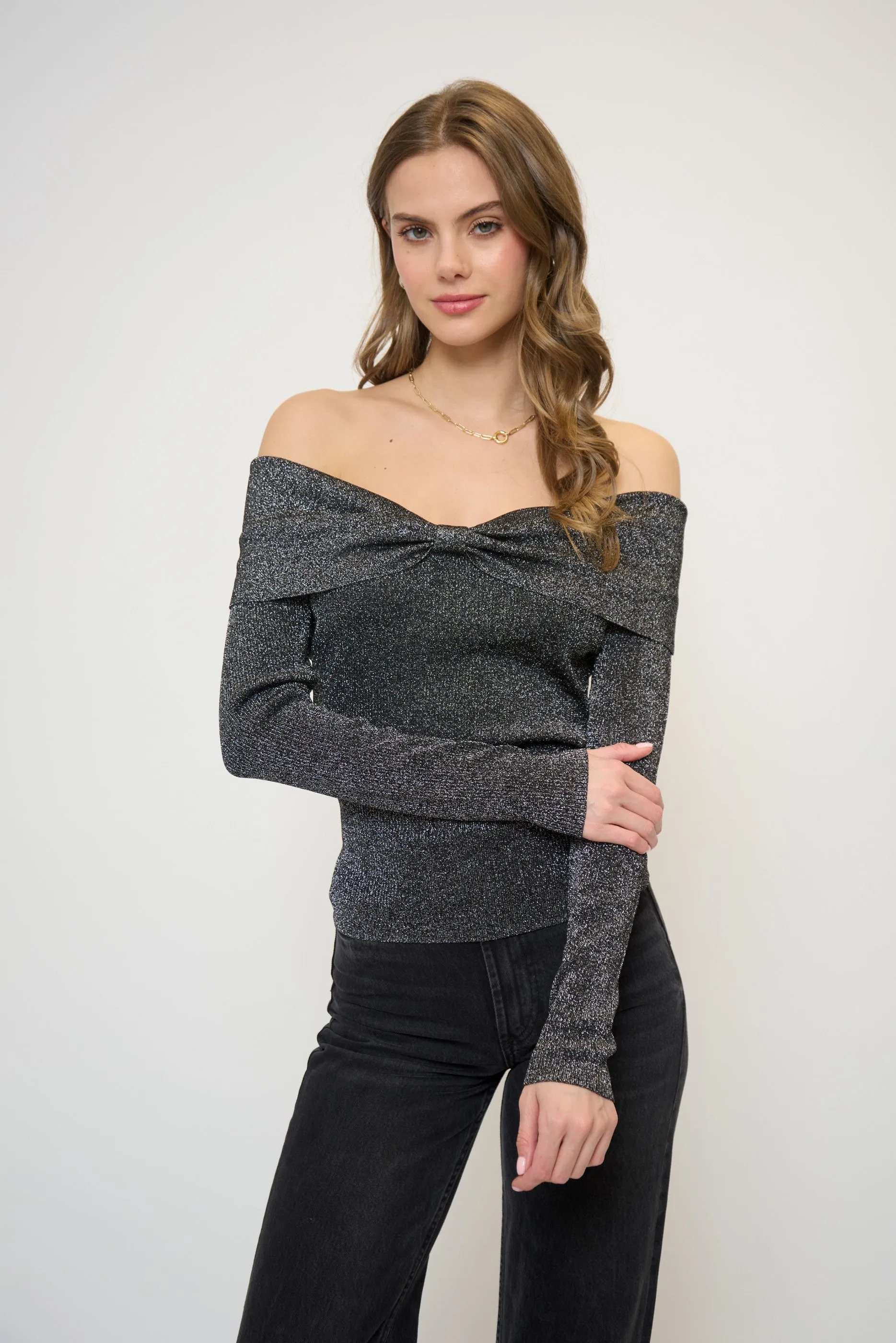 Colette Ribbed Lurex Off The Shoulder Sweater sold by Central Park West