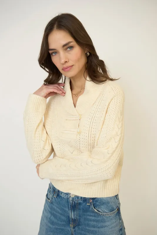 Rayna Shawl Collar Pointelle Cable Pullover made by Central Park West