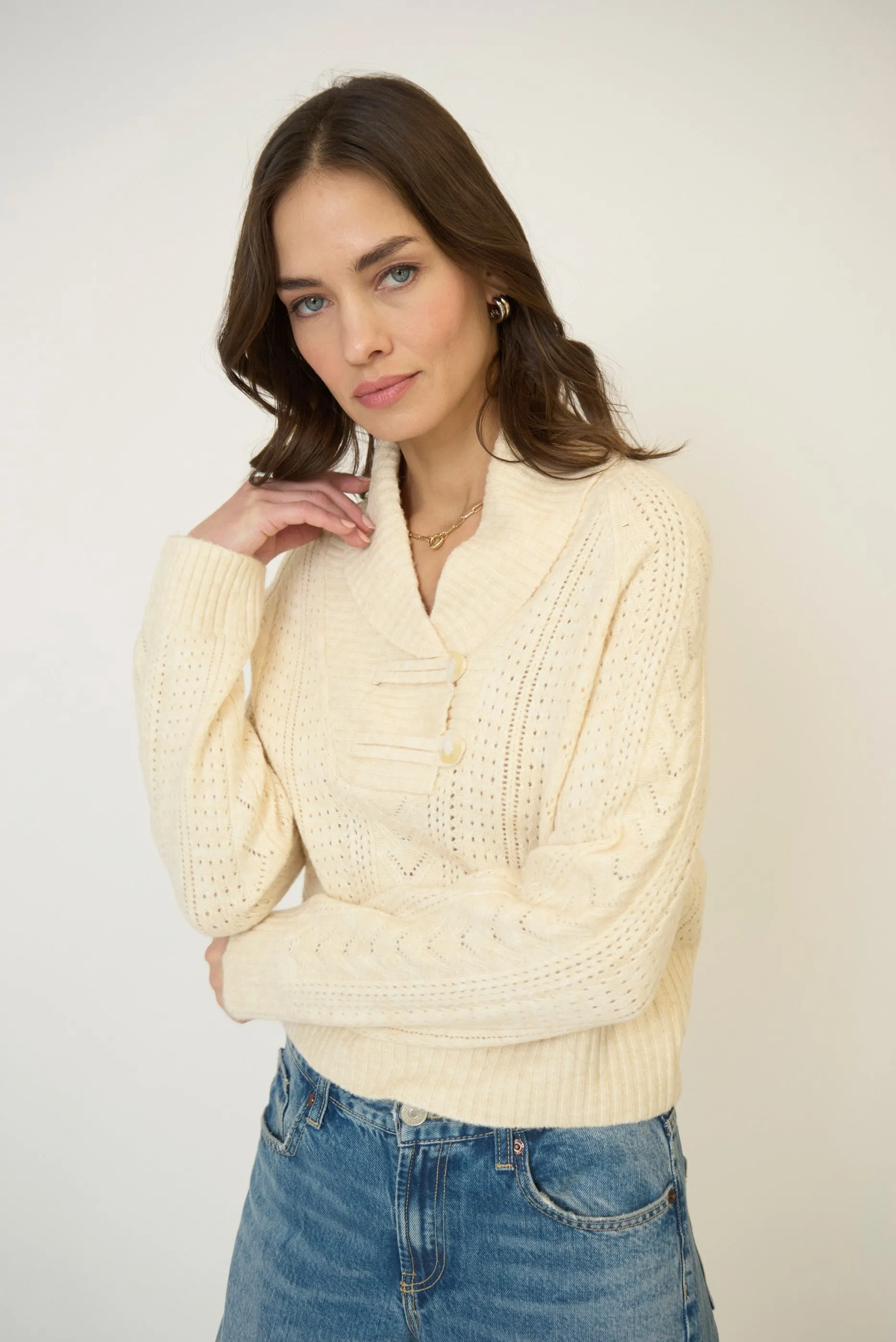 Rayna Shawl Collar Pointelle Cable Pullover sold by Central Park West