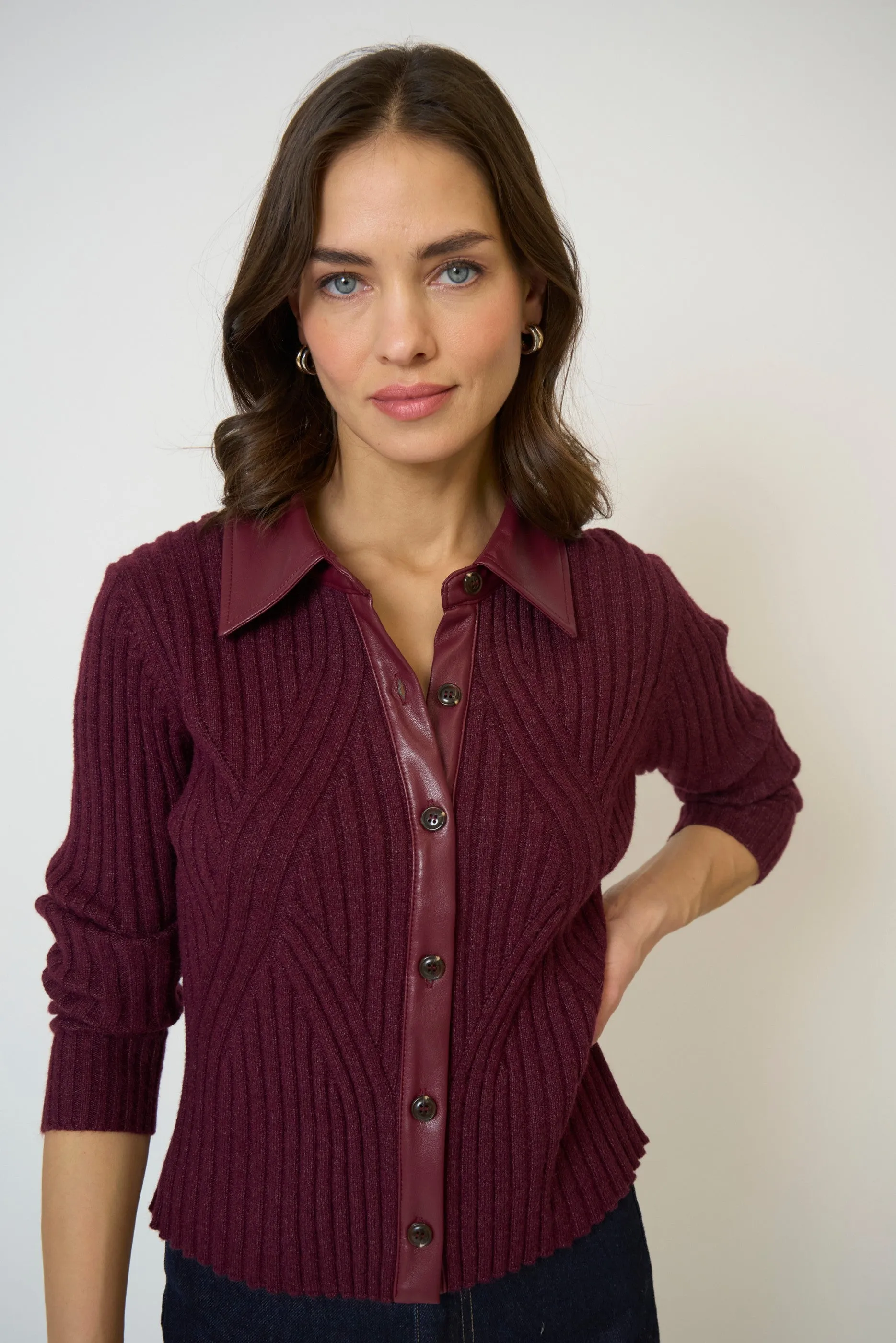 Milan Vegan Leather Collar Sweater sold by Central Park West