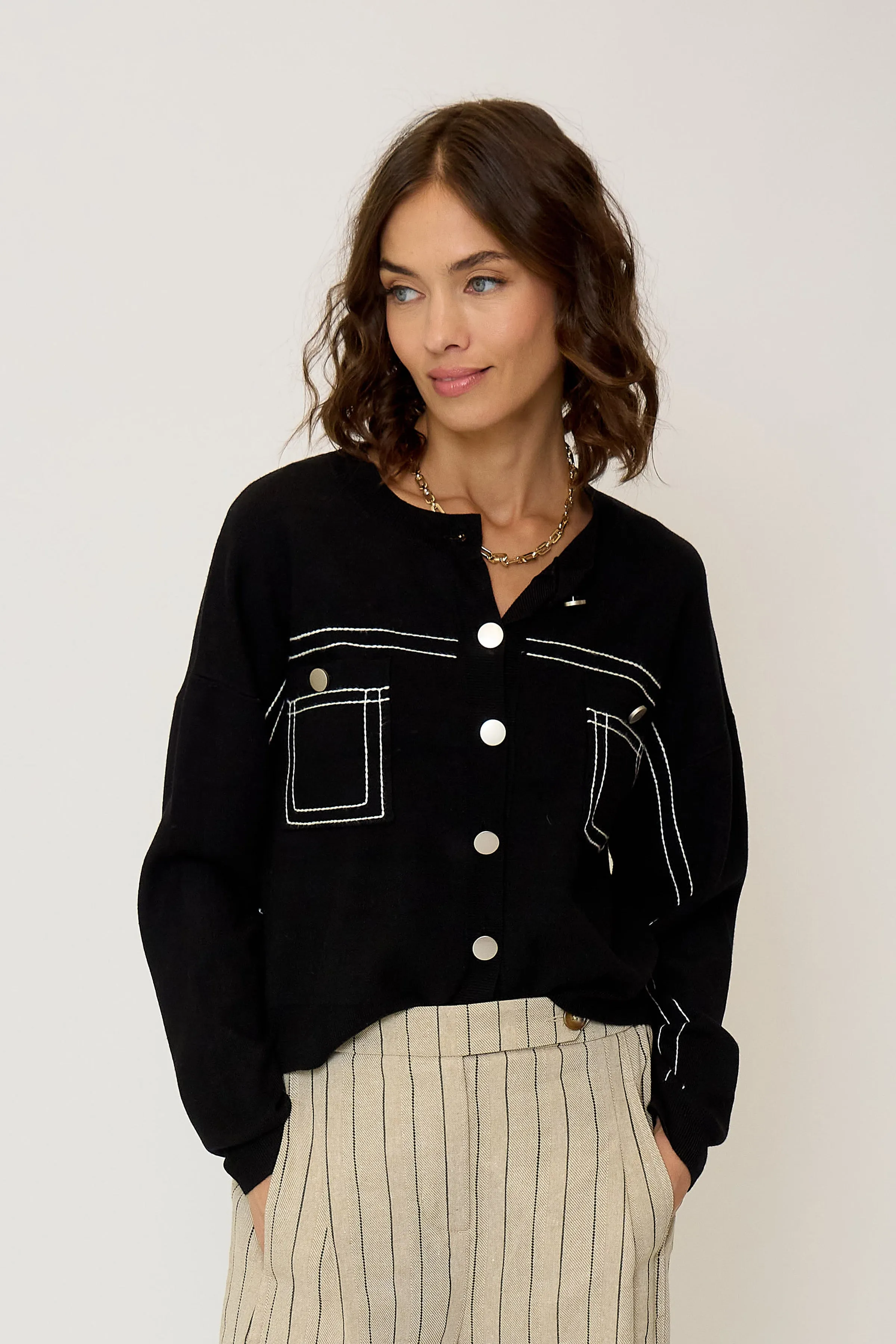 Olive Oversized Topstitch Cardigan sold by Central Park West