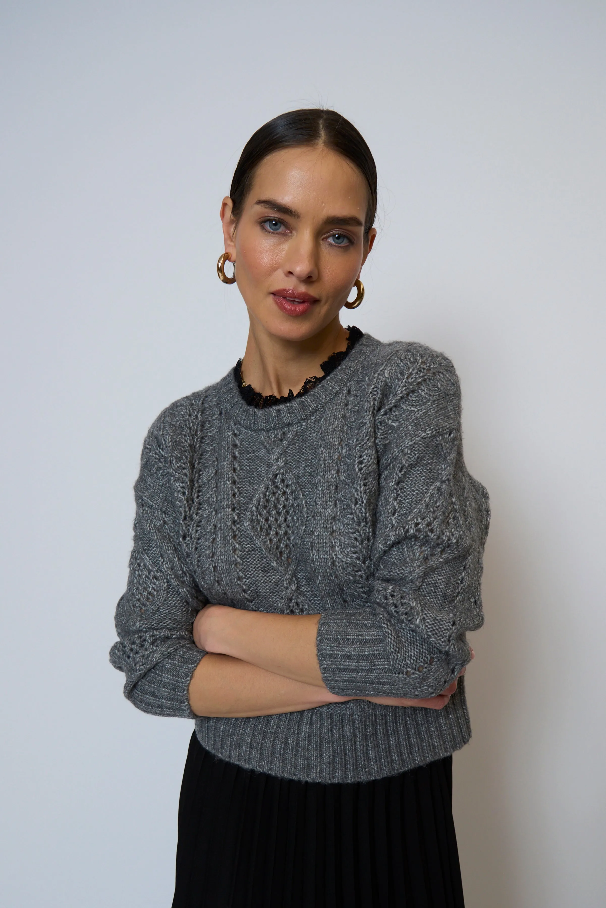 Celeste Lace Trim Cable Pullover sold by Central Park West