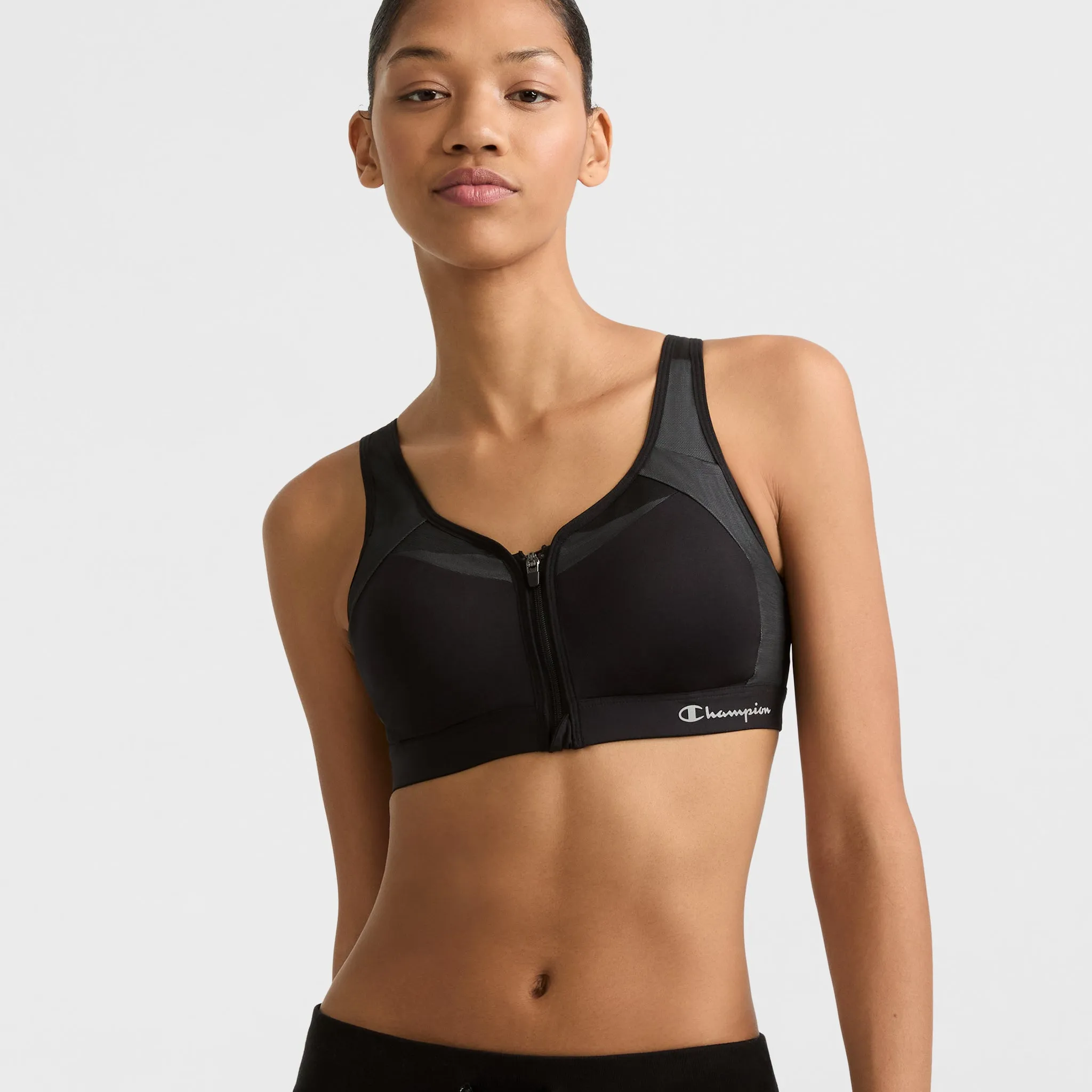 Motion Control Zip Sports Bra, Wirefree, Script Logo sold by Champion