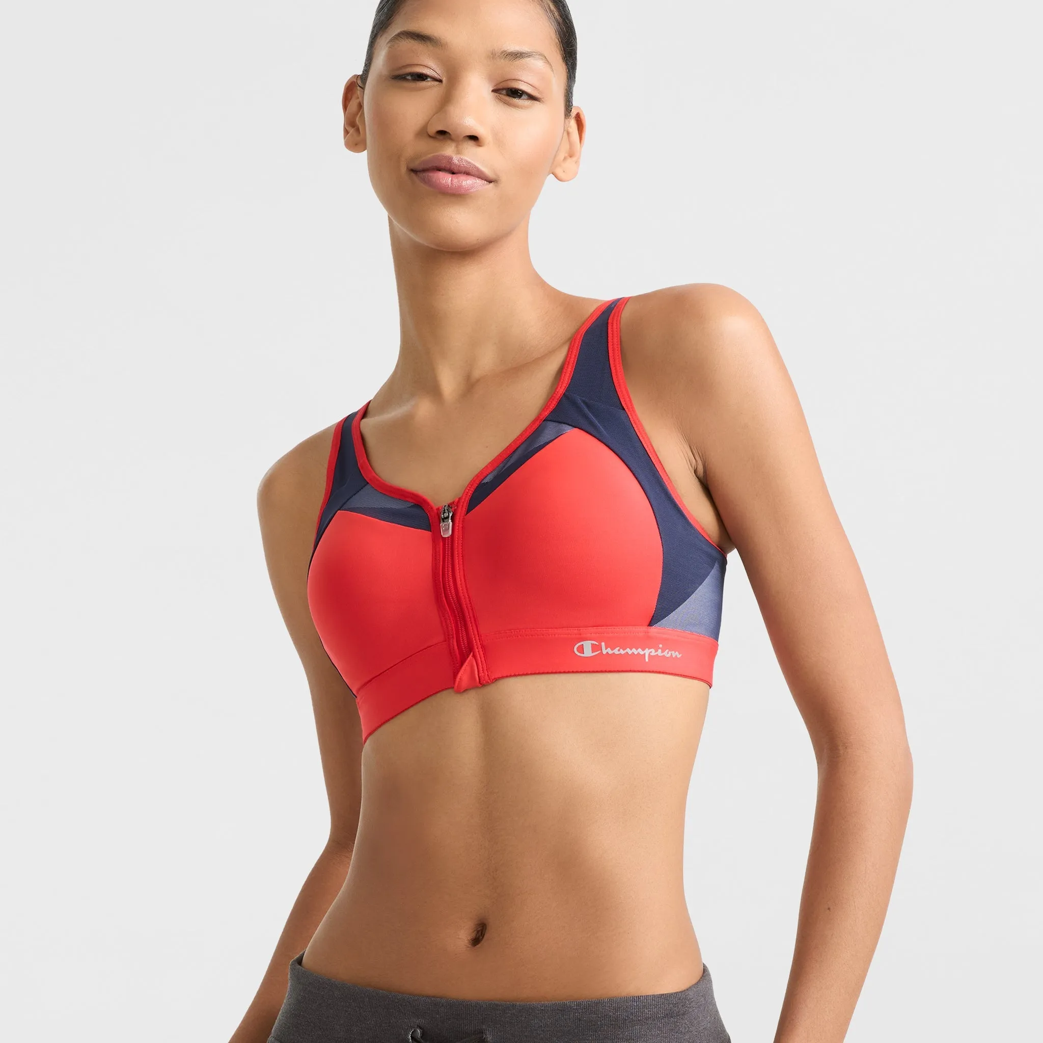 Motion Control Zip Sports Bra, Wirefree, Script Logo sold by Champion