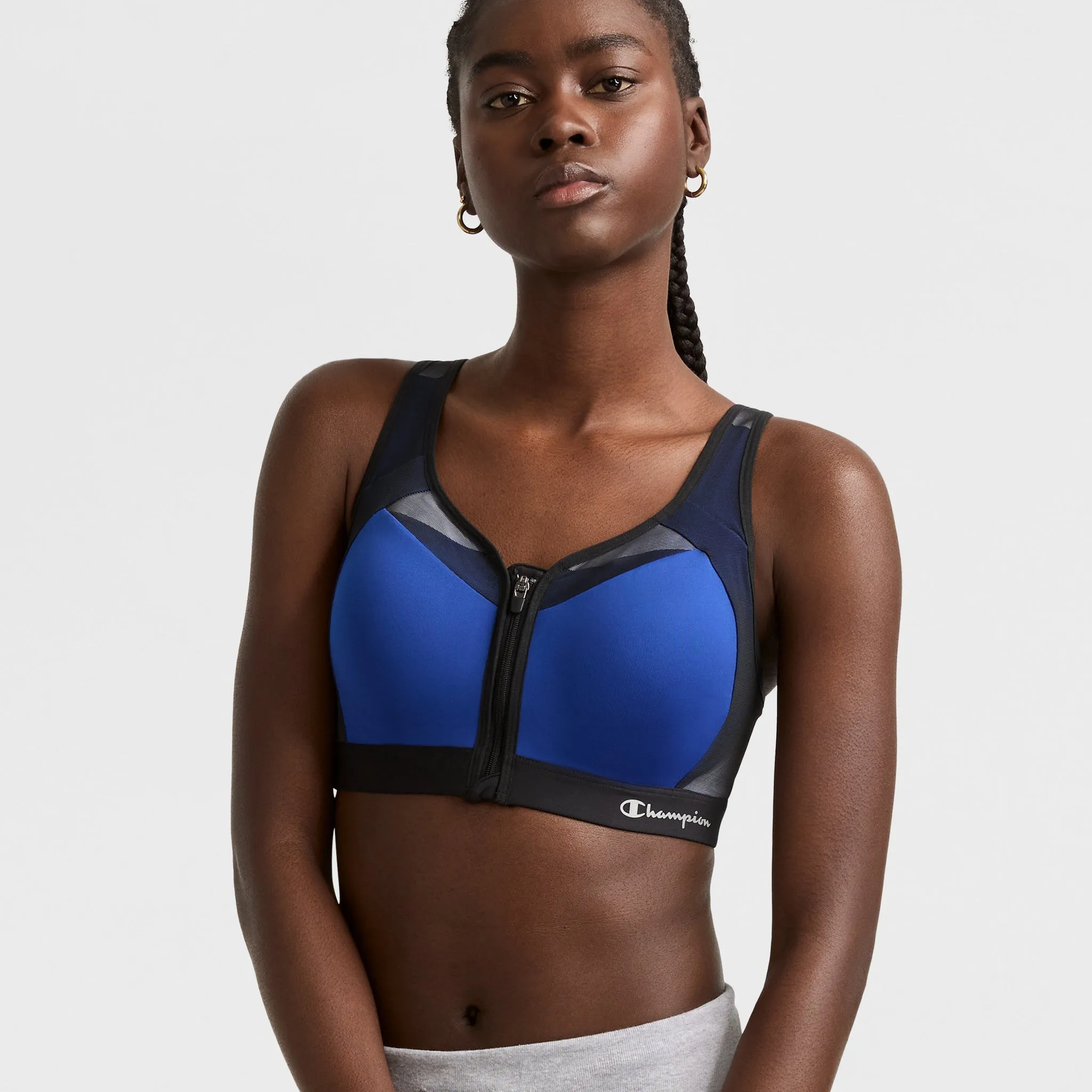 Motion Control Zip Sports Bra, Wirefree, Script Logo sold by Champion